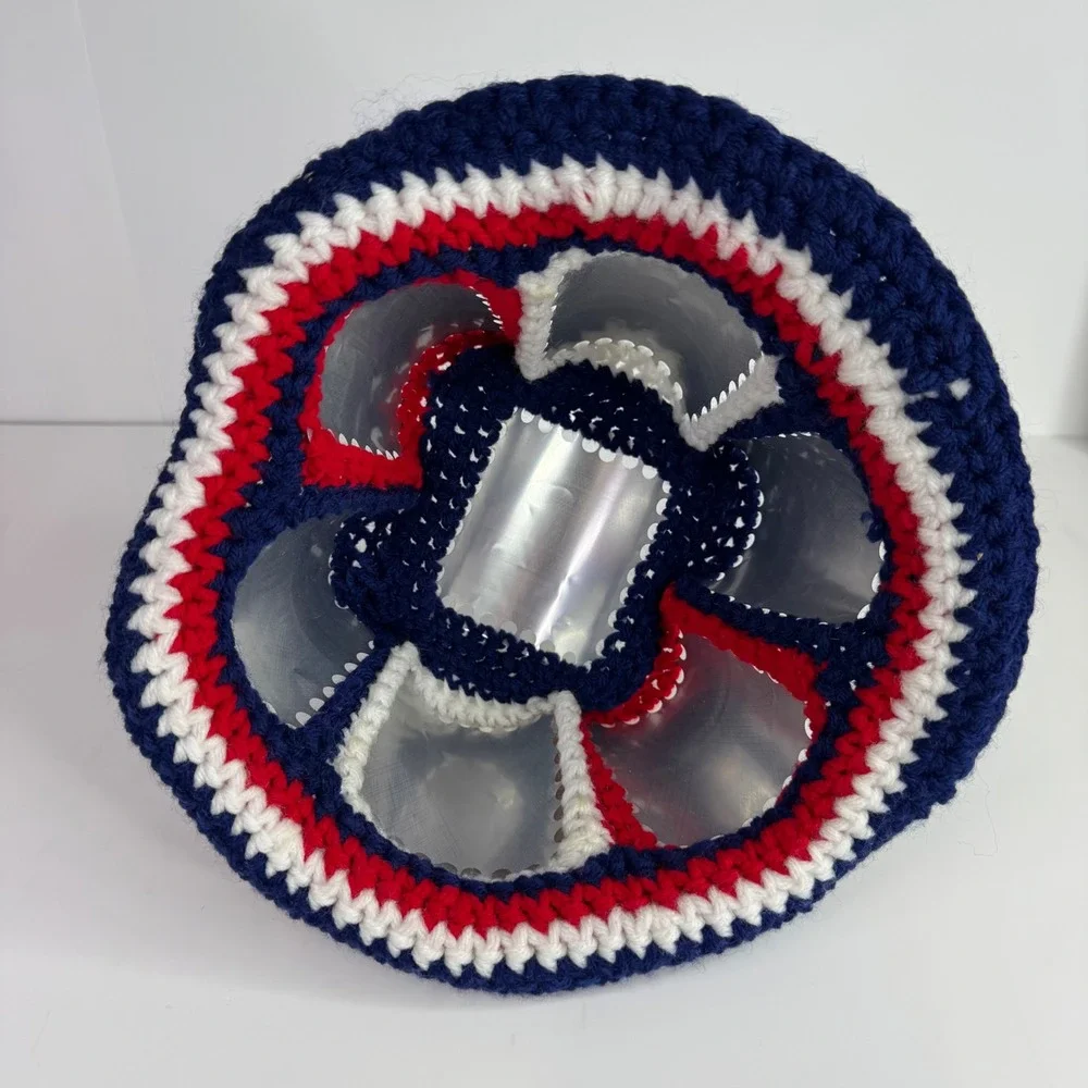 Vtg Handmade Miller Lite Beer Can Hat Adult OS Blue Red White Crochet Bucket Hat